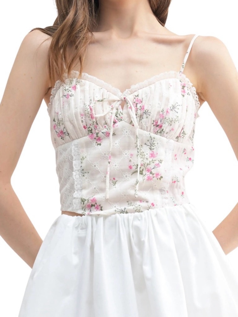 All in Favor Cream Cami with Pink Floral Lace Trim